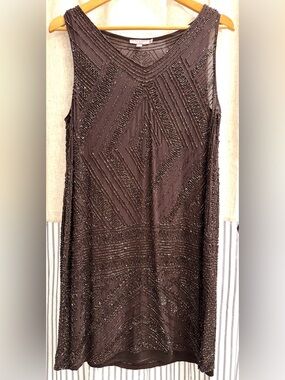 Calypso St Barth Sleeveless Beaded Lined Silk Shift Dress in Dark Purple